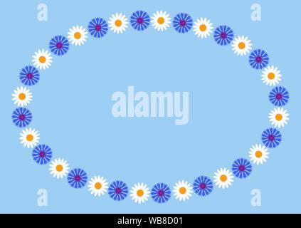 Motivi floreali decorativi cornice ovale con fiori selvatici margherite e cornflowers. Illustrazione vettoriale EPS10. La spazzola è allegata al file. Illustrazione Vettoriale