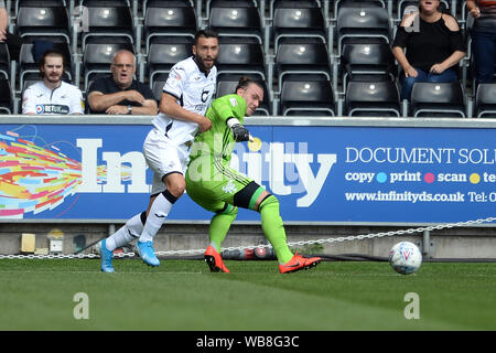 Swansea, Regno Unito. 25 Ago, 2019. Borja Baston di Swansea City sfidando il portiere Lee Camp della città di Birmingham vicino all'angolo durante il cielo di scommessa match del campionato tra Swansea City e Birmingham City presso il Liberty Stadium, Swansea domenica 25 agosto 2019. (Credit: Jeff Thomas | MI News)solo uso editoriale, è richiesta una licenza per uso commerciale. Nessun uso in scommesse, giochi o un singolo giocatore/club/league pubblicazioni. La fotografia può essere utilizzata solo per il giornale e/o rivista scopi editoriali: Credito MI News & Sport /Alamy Live News Foto Stock