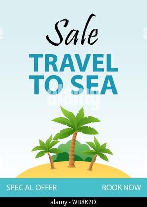 Viaggiare a Mare, Vacanza tropicale Flyer progettazione del modello con il Cartoon illustrazione. Isola con spiaggia e palme. Progettazione di Banner con chiamata all azione, Spec Illustrazione Vettoriale