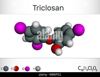 Il Triclosan molecola. Si tratta di un policloro fenossi fenolo con antibatterico, antimicrobici, attività antifungina. Formula chimica di struttura e molecul Foto Stock