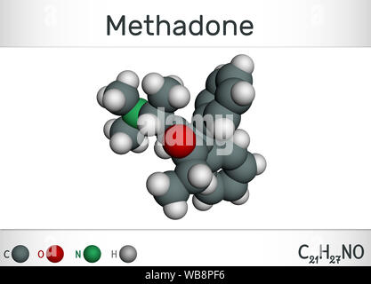 Il metadone, Dolophine molecola. Si tratta di un oppioide, è usato come un analgesico nel trattamento della tossicodipendenza. Formula chimica di struttura e la molecola Foto Stock