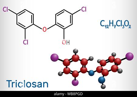 Il Triclosan molecola. Si tratta di un policloro fenossi fenolo con antibatterico, antimicrobici, attività antifungina. Formula chimica di struttura e molecul Illustrazione Vettoriale