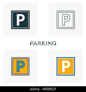 Parcheggio icon set. Quattro elementi in diversi stili dall' aeroporto raccolta di icone. Parcheggio creativo icone riempito, del contorno colorato e simboli di Piana Illustrazione Vettoriale