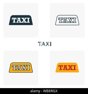 Taxi icon set. Quattro elementi in diversi stili dall' aeroporto raccolta di icone. Creative icone taxi riempito, del contorno colorato e simboli di Piana Illustrazione Vettoriale