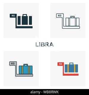 Libra icon set. Quattro elementi in diversi stili dall' aeroporto raccolta di icone. Creative icone di libra riempito, del contorno colorato e simboli di Piana Illustrazione Vettoriale