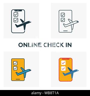 Controllo Online In icon set. Quattro elementi in diversi stili dall' aeroporto raccolta di icone. Creative online verificare in icone riempito, bordato e colorato Illustrazione Vettoriale