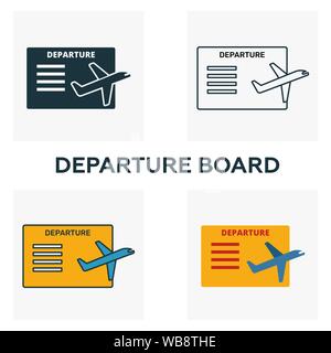 Partenza Board icona set. Quattro elementi in diversi stili dall' aeroporto raccolta di icone. Creative scheda di partenza icone riempito, bordato e colorato Illustrazione Vettoriale