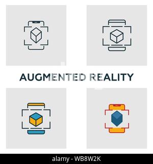La realtà aumentata icon set. Quattro elementi in diversi stili dal dispositivo audiovisivo raccolta di icone. Creative augmented reality icone riempito, contorno Illustrazione Vettoriale