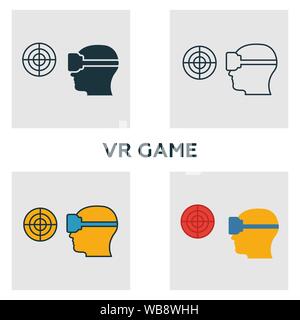 Gioco di realtà virtuale icon set. Quattro elementi in diversi stili dal dispositivo audiovisivo raccolta di icone. Creative di gioco di realtà virtuale riempito di icone Illustrazione Vettoriale