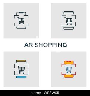Augmented Reality Shopping icon set. Quattro elementi in diversi stili dal dispositivo audiovisivo raccolta di icone. Creative di realtà aumentata le icone per lo shopping Illustrazione Vettoriale