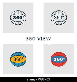 360 visualizza il set di icone. Quattro elementi in diversi stili dal dispositivo audiovisivo raccolta di icone. Creative 360 visualizza icone riempito, contorno, colorata e piatto Illustrazione Vettoriale