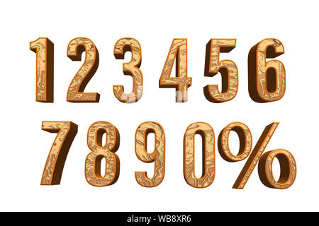 3D Numeri di numero di legno, set di simboli aritmetici e numeri isolati su sfondo bianco Foto Stock