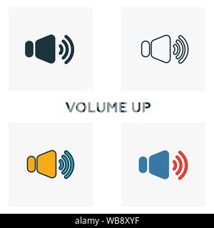 Volume Up Icona set. Quattro elementi in diversi stili da pulsanti audio raccolta di icone. Creative volume up icone riempito, contorno, colorata e piatto Illustrazione Vettoriale