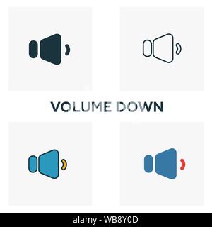 Volume Down icon set. Quattro elementi in diversi stili da pulsanti audio raccolta di icone. Creative volume giù riempito di icone, bordato e colorato Illustrazione Vettoriale