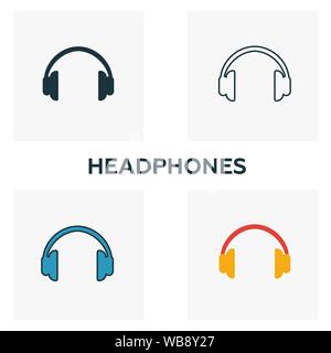 Cuffie icon set. Quattro elementi in diversi stili da pulsanti audio raccolta di icone. Le cuffie Creative icone riempito, contorno, colorata e piatto Illustrazione Vettoriale