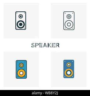 Icona altoparlante set. Quattro elementi in diversi stili da pulsanti audio raccolta di icone. Altoparlanti Creative icone riempito, contorno, colorata e piatto Illustrazione Vettoriale