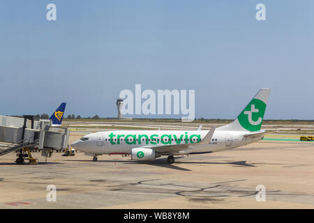 Barcellona, Spagna - Agust 11, 2019: Boeing 737-700 in aereo l' aeroporto di Barcellona, da Transavia basso costo azienda Foto Stock