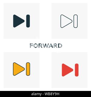 Icona di retromarcia impostata. Quattro elementi in diversi stili da pulsanti audio raccolta di icone. Creative icone inversa riempita, contorno, colorata e piatto Illustrazione Vettoriale