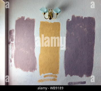 La vernice del colore del campione di prova pannelli sulla casa parete interna Foto Stock