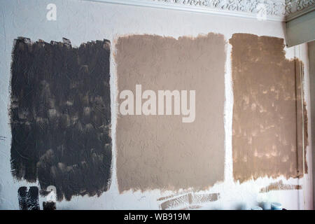La vernice del colore del campione di prova pannelli sulla casa parete interna Foto Stock