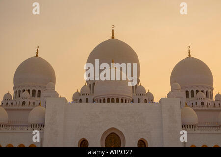 Cupole di corridoio principale di preghiera, Sheikh Zayed Grande Moschea di Abu Dhabi, Emirati Arabi Uniti Foto Stock