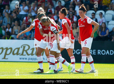 Boreham Wood, Regno Unito. 25 Ago, 2019. BOREHAMWOOD, Inghilterra - AGOSTO25: Giordania Nobbs di Arsenal celebra il suo obiettivo durante la partita amichevole tra le donne di Arsenal e Tottenham Hotspur a Prato Park Stadium il 25 agosto 2019 in Boreham Wood, Inghilterra azione di Credito Foto donne Credit: Azione Foto Sport/Alamy Live News Foto Stock