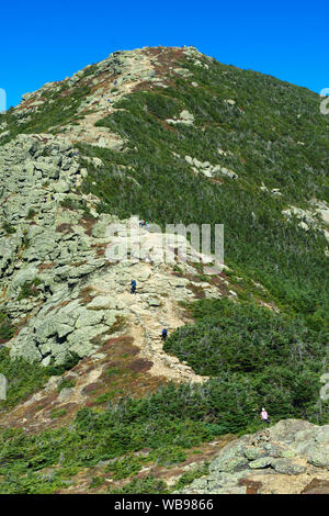 Franconia Ridge trail, che conduce alla cima del monte Lincoln, New Hampshire. Una ventina di escursionisti, sebbene di piccole dimensioni sull'immagine, sono visibili sul sentiero. Foto Stock