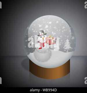 Happy snowman azienda confezione regalo in Snow Globe. Foto Stock
