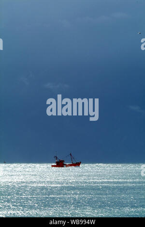 Orange trawler, barche da pesca a tornare al porto di Mar del Plata, Sud Atlantico, Argentina, prima della tempesta e il sole e le nuvole neri. Foto Stock