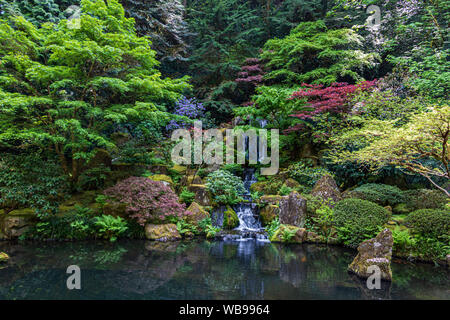 La cascata nel giardino giapponese Foto Stock