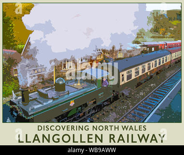 Poster di viaggio da una fotografia del Llangollen Railway alla stazione Carrog, Denbighshire, Galles del Nord, Regno Unito. Foto Stock