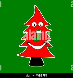 Unico Colore Rosso albero di Natale con il sorriso di Fumetti Illustrazione Vettoriale.albero di Natale illustrazione per il pattern, sfondo, scheda di Natale o la confezione regalo. Illustrazione Vettoriale