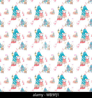 Acquerello Natale allegro senza giunture con albero di prunce di natale e ratto e casa, carino animali del mouse del bambino di festa. Albero di Natale Foto Stock