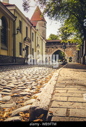 Tallinn, Estonia. Agosto 13, 2019: bella vista sulla strada di Tallinn medievale di torre di castello nella città vecchia Foto Stock