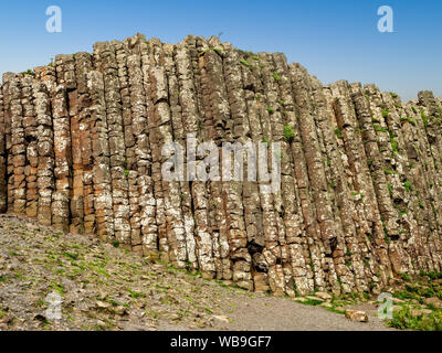 Giant's Causeway, Irlanda del Nord, Regno Unito. Naturale unico e ESAGONALE PENTAGONALE formazioni geologiche del basalto vulcanico rocks, formando il polo verticale Foto Stock