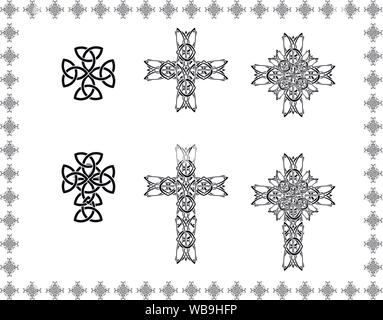 Celtic stilizzazione astratta trasversale di elementi di telaio oggetto icon patterns in bianco nero Illustrazione Vettoriale