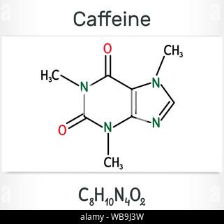 La caffeina alcaloide molecola. Formula chimica di struttura e la molecola modello. Illustrazione Vettoriale Illustrazione Vettoriale