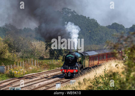 Classe LNER A3 4472 Flying Scotsman della cottura a vapore attraverso il West Berkshire campagna su Domenica 25 Agosto 2019 Foto Stock