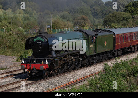 Classe LNER A3 4472 Flying Scotsman della cottura a vapore attraverso il West Berkshire campagna su Domenica 25 Agosto 2019 Foto Stock