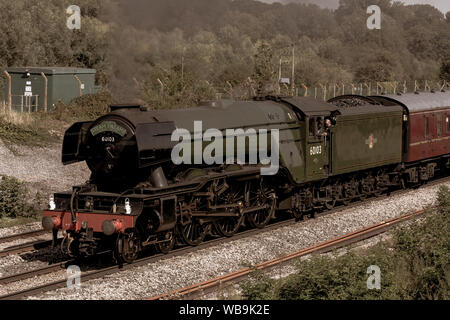 Classe LNER A3 4472 Flying Scotsman della cottura a vapore attraverso il West Berkshire campagna su Domenica 25 Agosto 2019 Foto Stock