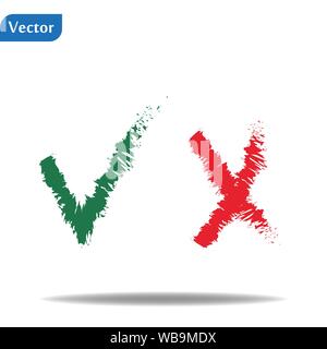 Il simbolo contrassegna e croce. Isolato in rosso e accanto un segno di spunta verde dipinta con un pennello. Grunge. eps10 Illustrazione Vettoriale