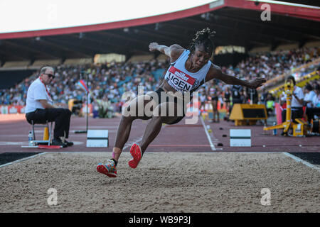 Birmingham, Regno Unito. 25 Ago, 2019. Lorraine Ugen durante le Donne Salto in lungo al Muller British di Atletica a Alexander Stadium, Birmingham, Inghilterra il 25 agosto 2019. Foto di Jodi Hanagan. Solo uso editoriale, è richiesta una licenza per uso commerciale. Nessun uso in scommesse, giochi o un singolo giocatore/club/league pubblicazioni. Credit: UK Sports Pics Ltd/Alamy Live News Foto Stock