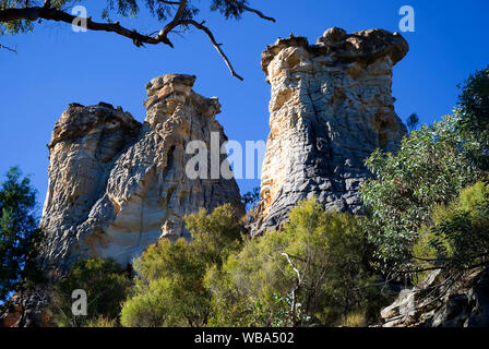 Per i camini, tre pilastri di pietra arenaria erosa. Montare Moffatt sezione, Carnarvon National Park Central Queensland, Australia Foto Stock