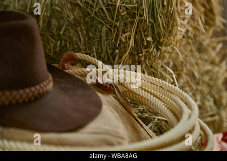 Close up di un western lazo con un cappello da cowboy e cuoio chaps sul  fieno con profondità di campo Foto stock - Alamy