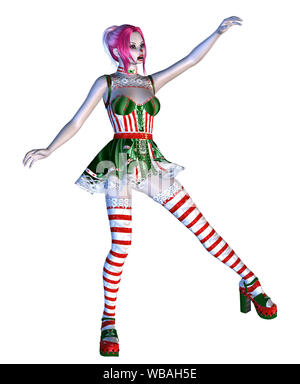 Rendering digitalmente illustrazione di una bambola in verde con strisce rosse abito su sfondo bianco. Foto Stock