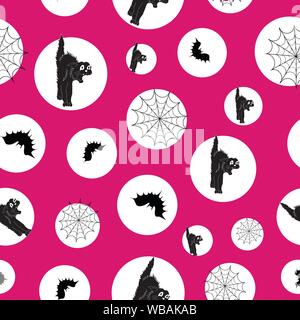 Divertimento di Halloween pattern seamless sfondo con i pipistrelli , spooky black cats e ragnatele. Illustrazione Vettoriale