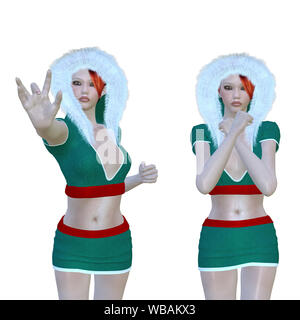 Rendering digitalmente illustrazione di una donna in verde abito invernale con pelo su sfondo bianco. Foto Stock