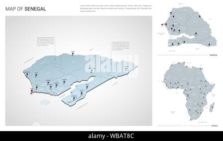 Set di vettore del Senegal paese. Vista isometrica mappa in 3d, Senegal mappa, mappa Africa - con regione, stato nomi e nomi di città. Illustrazione Vettoriale