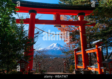Red Torii gate di Chureito Pagoda e coperta di neve il Monte Fuji in autunno cielo blu in centro. Shimoyoshida - Arakurayama Sengen Park in Fujiyoshida n Foto Stock