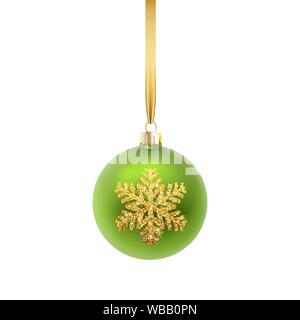 Natale biglietto di auguri. Green palla di Natale, con un ornamento e oro snowflake. Illustrazione Vettoriale bianco su sfondo isolato Illustrazione Vettoriale